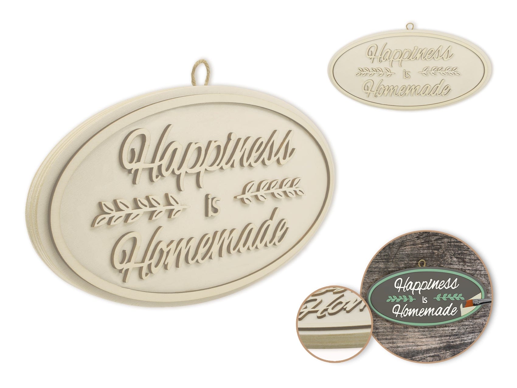B - Happiness is Homemade Wood Decor: 12" DIY Oval Wall Sign Plaque 3D w/Jute Hanger - Brantford Surplus