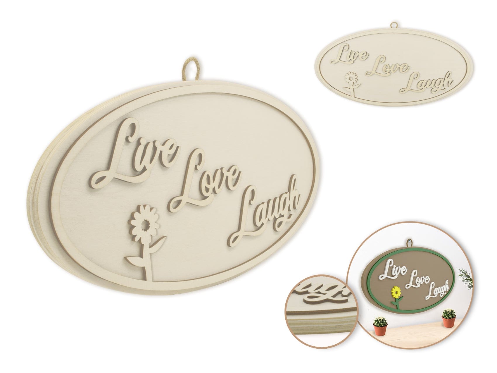 C - Live Love Laugh 12" DIY Oval Wall Sign Plaque 3D w/Jute Hanger - Brantford Surplus