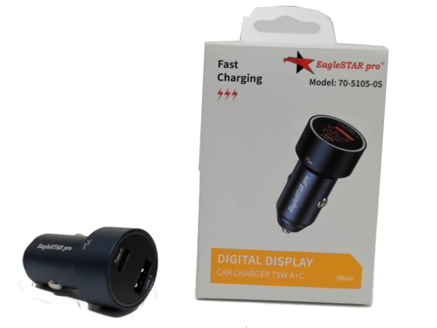 Car charger for phone or tablet - super fast PD Type - c and fast USB - A 75W - digital voltage display - Brantford Surplus