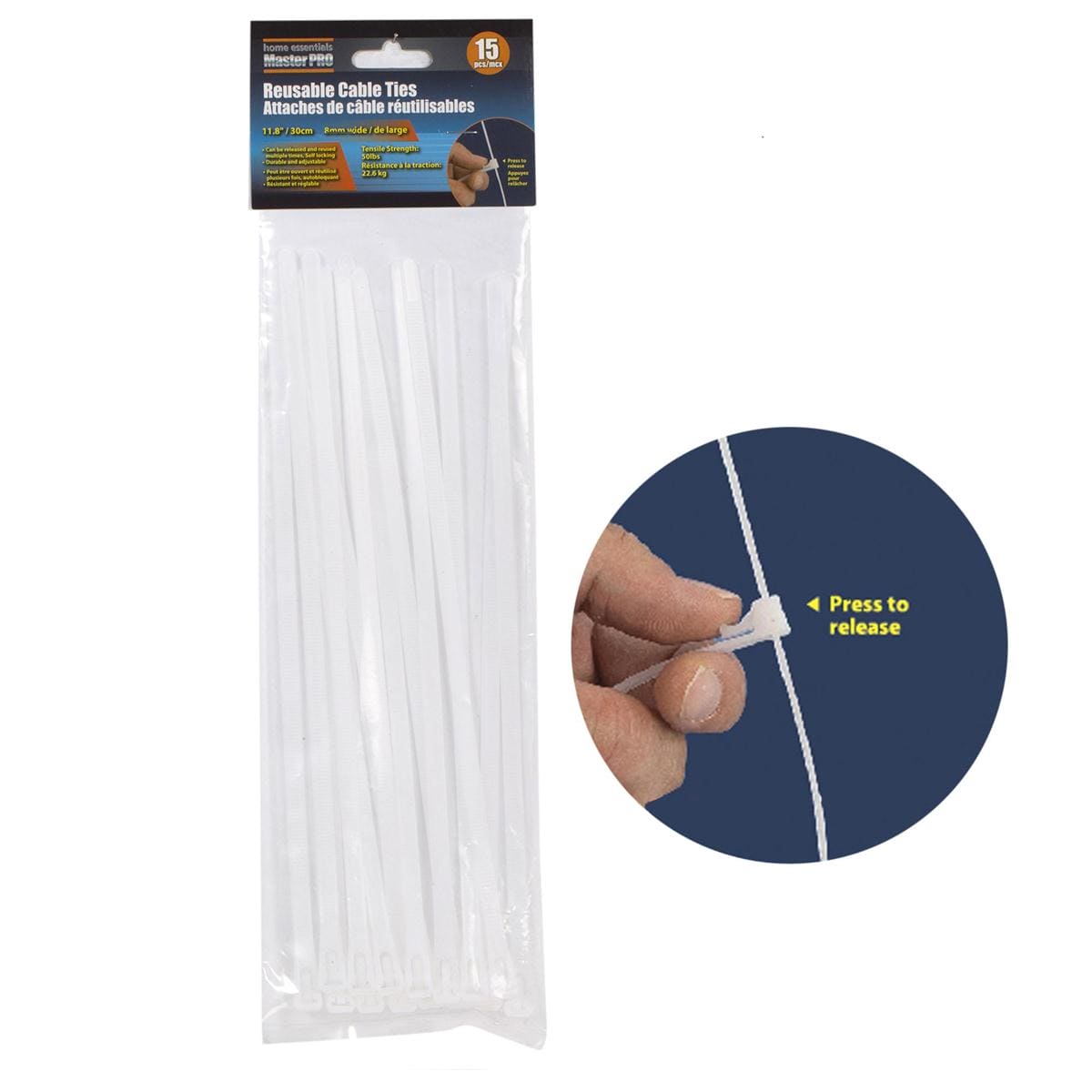 H.E. Master Pro, Reusable Cable Tie 15 - PC, 8mmx11.8", White - Brantford Surplus