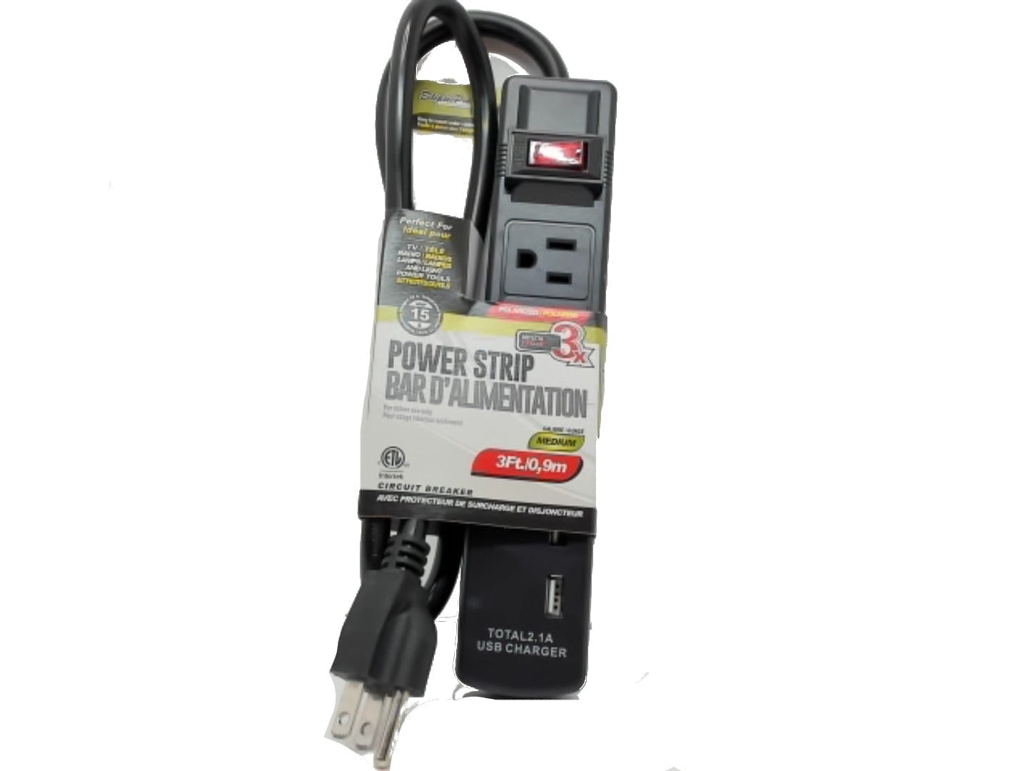 Power bar 3 foot 3 prong 3 outlet 2 usb 14/3 - Brantford Surplus