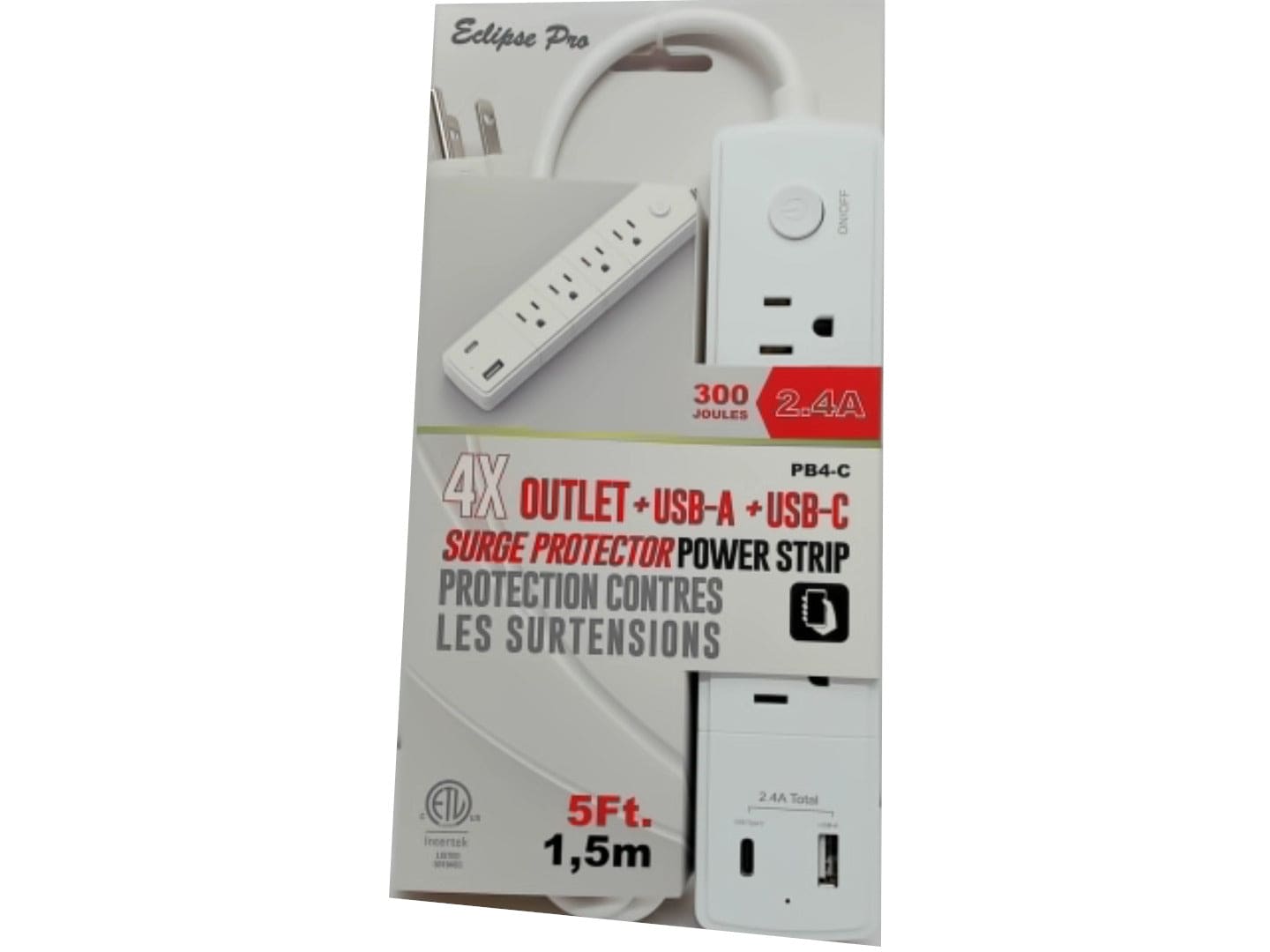 Power bar with surge protector 4 outlet USB - A Type - C® with 5 foot cord - Brantford Surplus