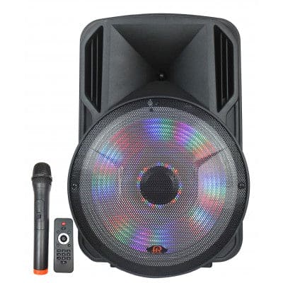 Powered Speaker 15 inch battery powered with FM bluetooth LED lights mic & remote - Brantford Surplus