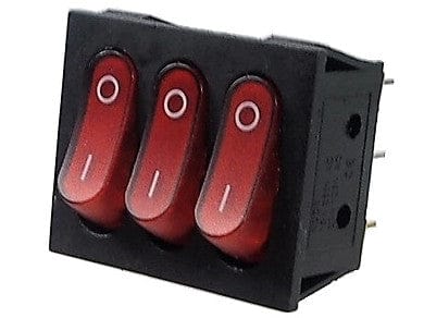 Red Rocker Switch Triple ON - OFF 20A / 125V AC or 15A / 250V 3.P.D.T. 9 pins - Brantford Surplus