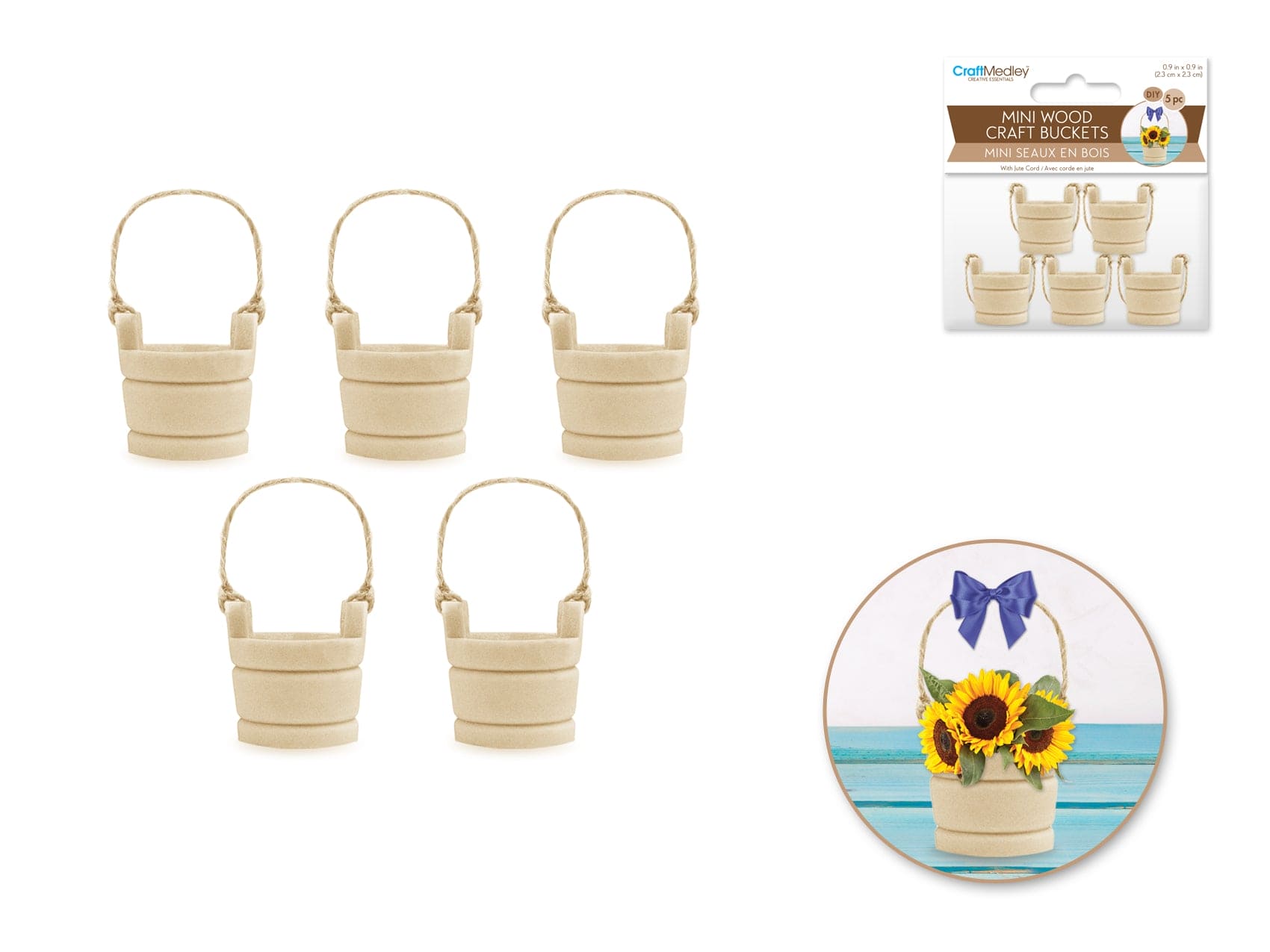 Wood Craft: 0.9"x0.9" Mini Well Bucket 5pc Routered w/Jute - Brantford Surplus