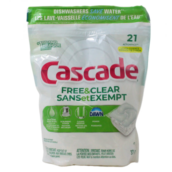 Cascade Actionpacs Dishwasher Detergent 21ct Free & Clear Lemon