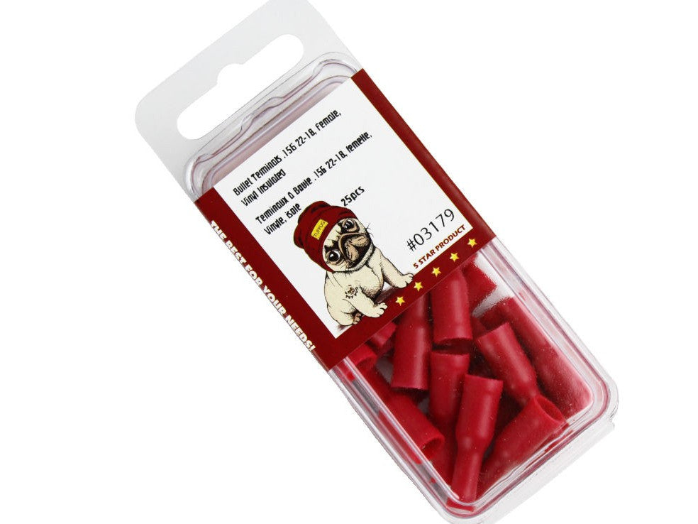 Red Vinyl Insulated Female Bullet Terminals .156 22-18AWG 25pk