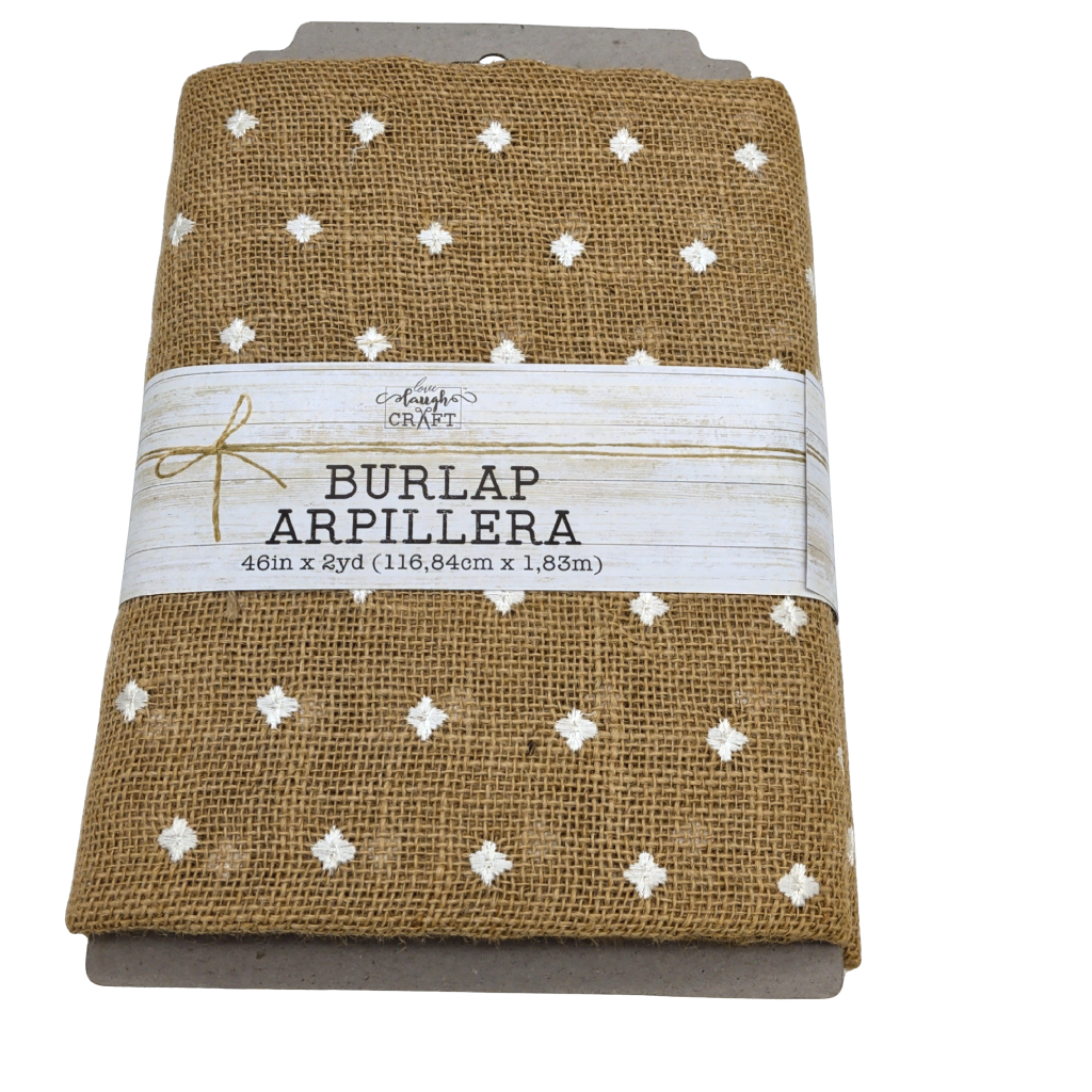 Burlap Arpillera 46" x 2yd. Natural w/White Dots Love Laugh