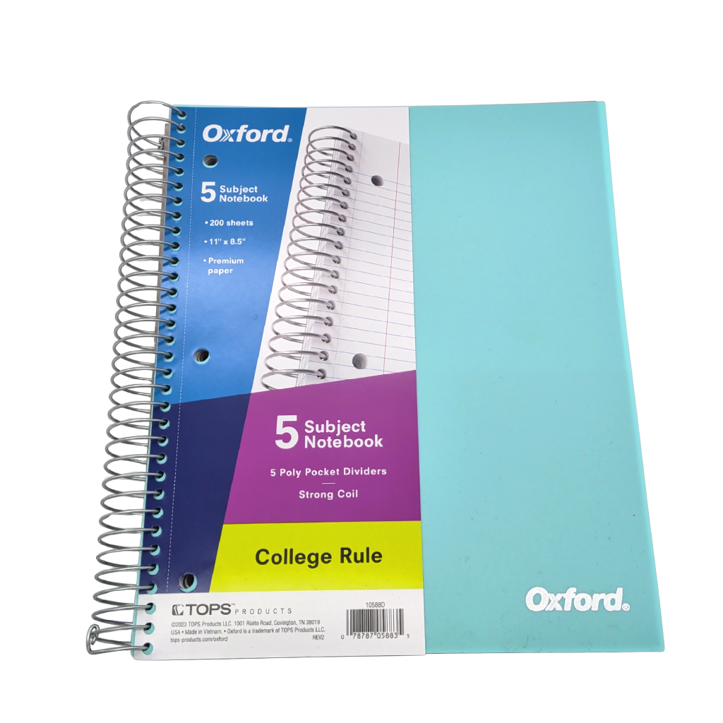 5 Subject Notebook 11" x 8.5" 200 Sheets Oxford
