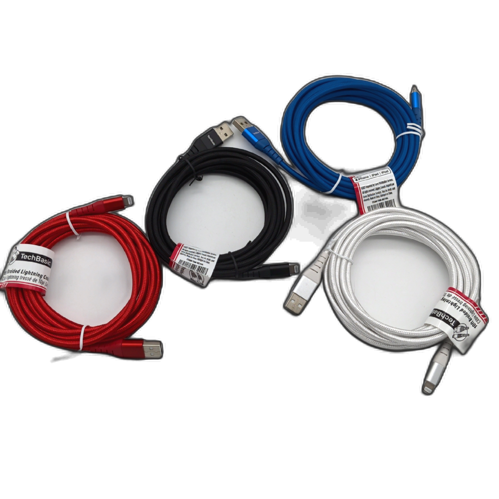 10-foot braided USB-A to Lightning charging cable in assorted colours
