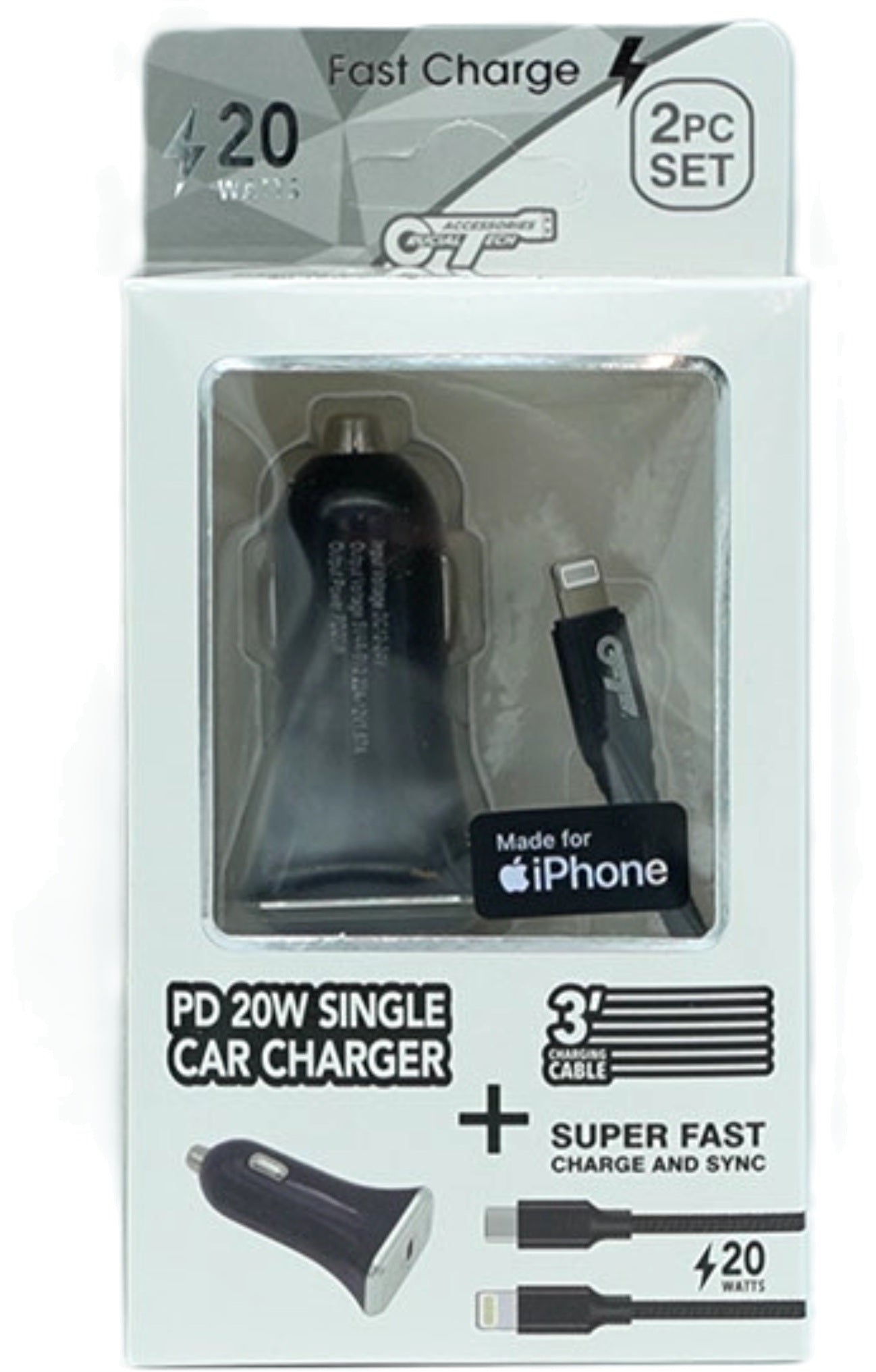 3ft USB-C to Lightning Cable with 20W PD Car Charger Bundle