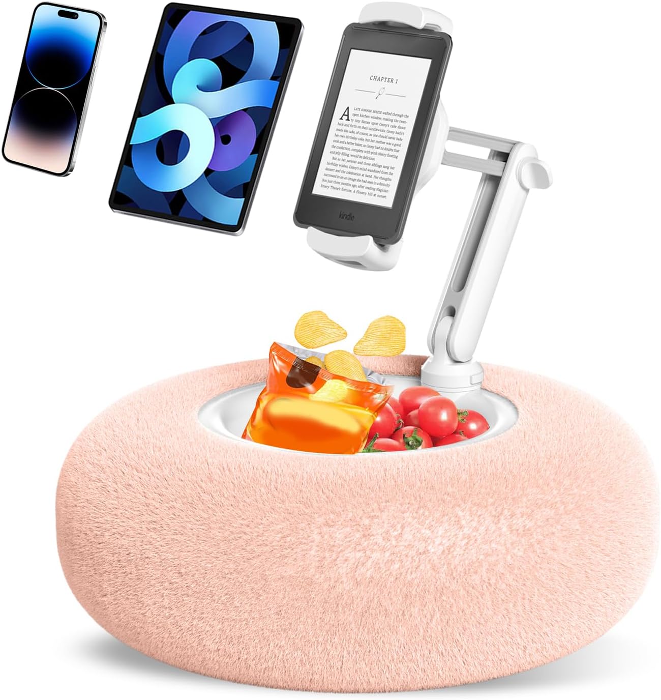 Pink Tablet Holder Pillow Stand with Snack Bowl
