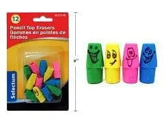 12 PK PENCIL TOP ERASERS "SMILE FACE" DESIGN ASST COLORS LINPRO