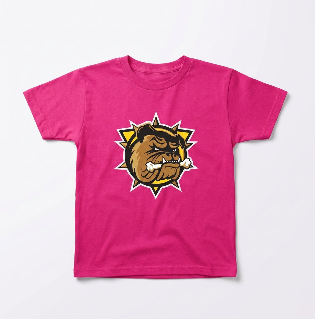 Brantford Bulldogs youth pink tee with full colour bulldog crest