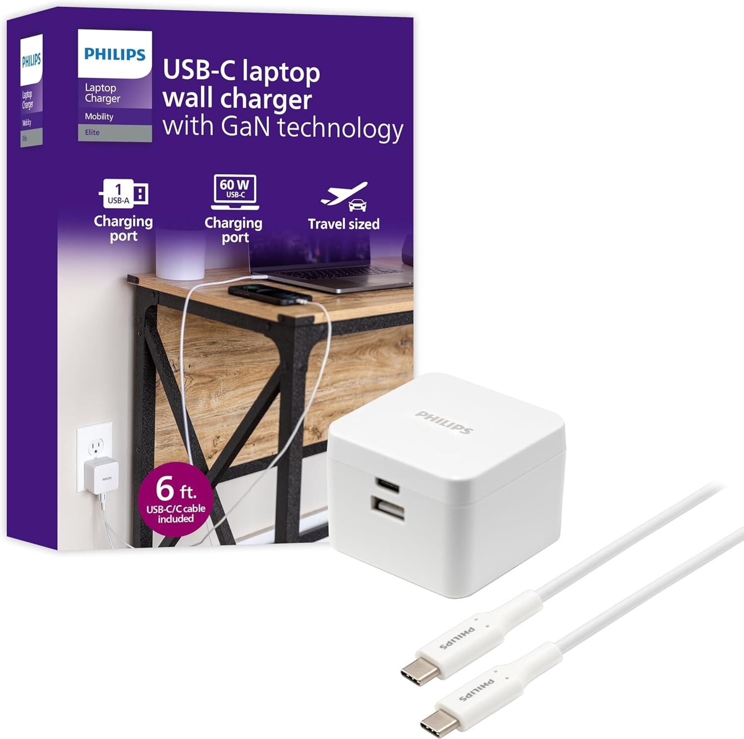 Philips 60W GaN USB-C Laptop Wall Charger with 6 Foot Cable