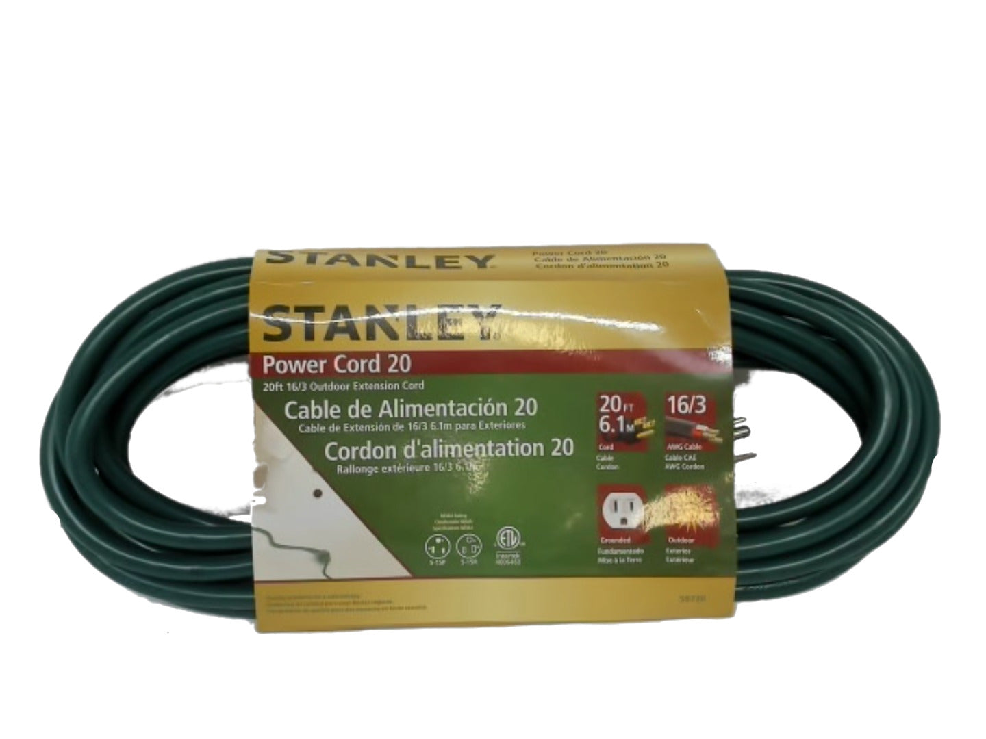 Extension Cord 20' Outdoor AWG 16/3 SJTW Power Cord 20 Stanley - Brantford Surplus