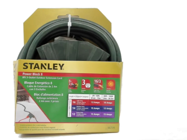 Extension Cord 8' Outdoor 3 Outlet AWG 16/3 SJT Power Block 8 Stanley