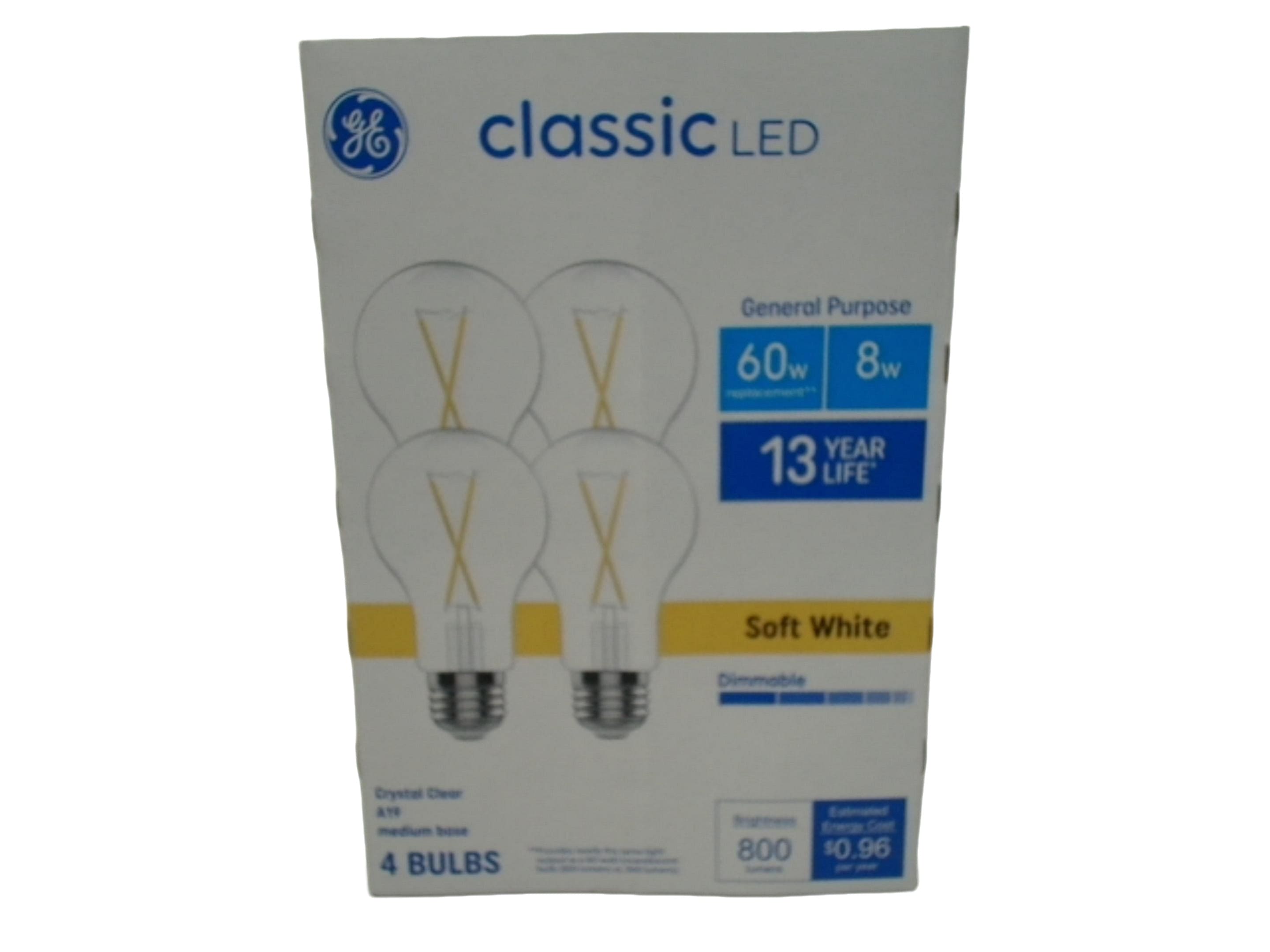 Light Bulbs 4pk. 8W Dimmable Soft White A19 Medium Base Classic LED G.E. - Brantford Surplus