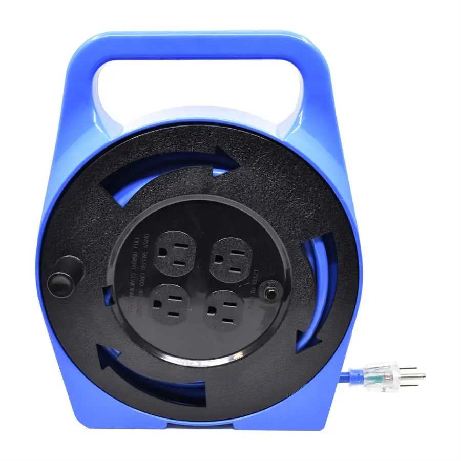 Extension Cord Indoor In Plastic Reel SJT 16 / 3 4-Tap GFI Blue 25ft Toolway Industries