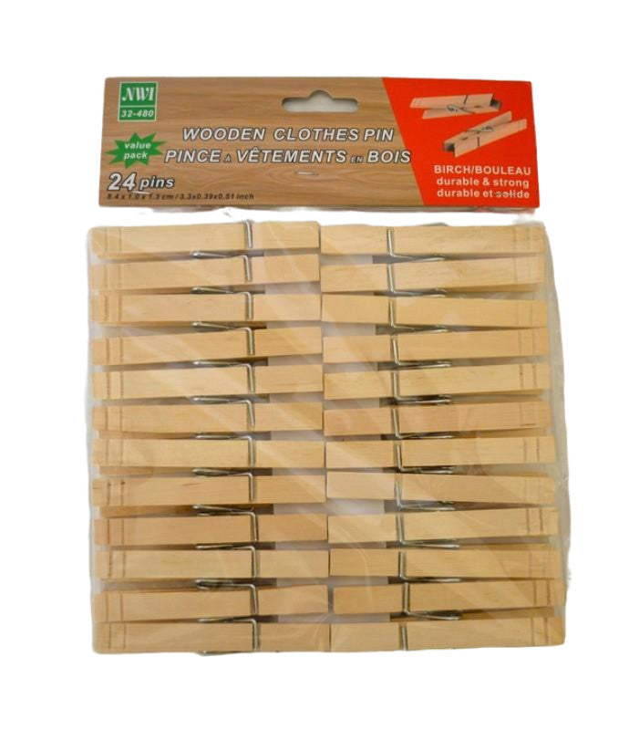 Wooden Clothespins 24-Pack - Durable Laundry Clips