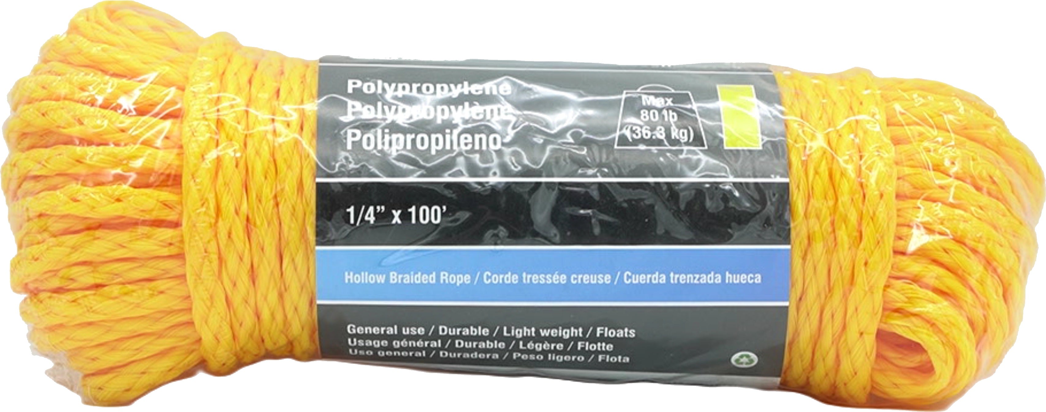 Yellow Polypropylene Braided Rope 1/4" x 100' 80lb
