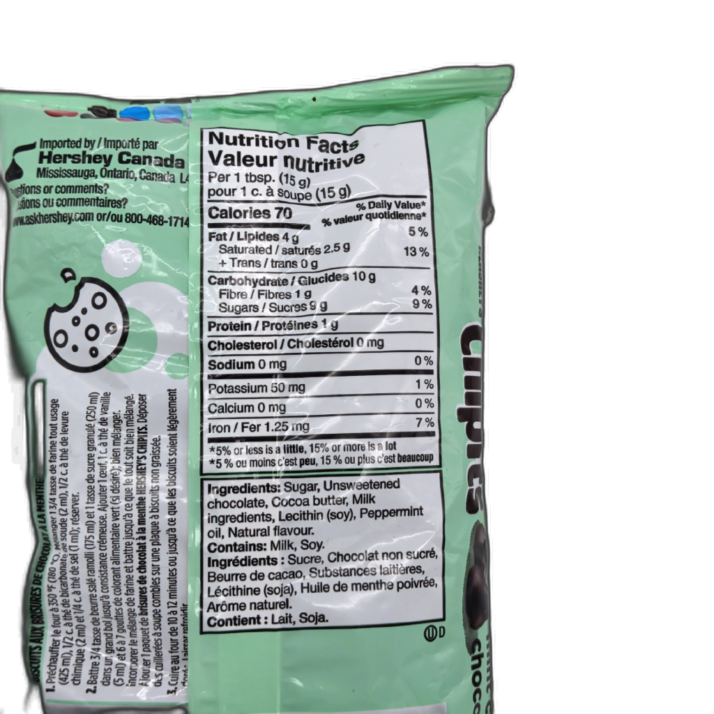 Hershey's Chipits Mint Chocolate - bag back detail