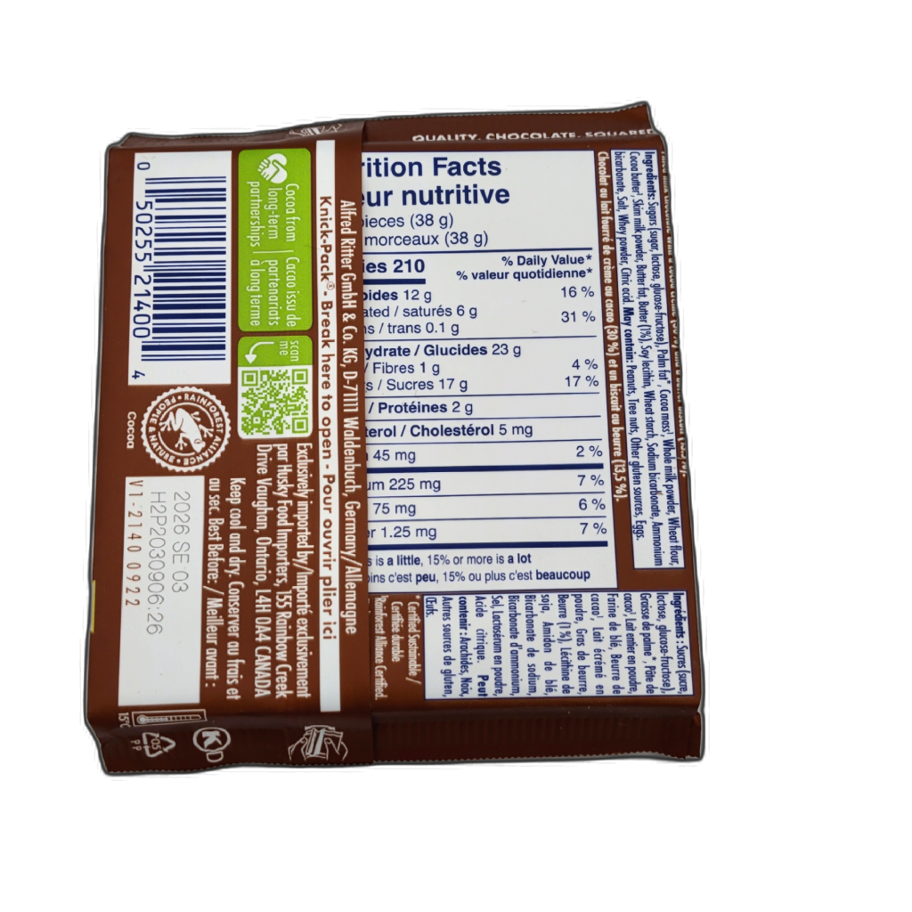 Ritter Sport Milk Chocolate, Butter Biscuit & Cocoa Crème — packaging