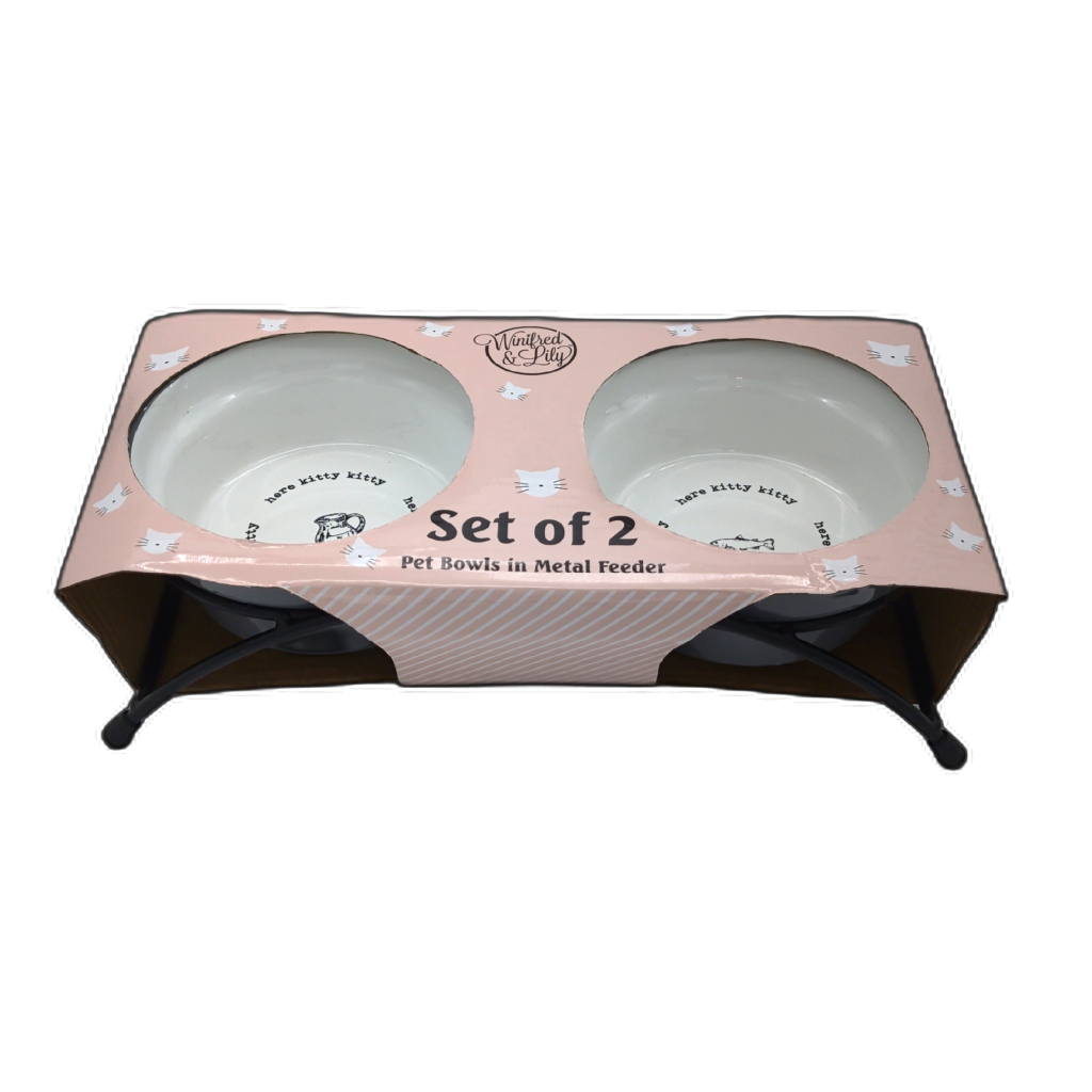 Set Of 2 Pet Bowls In Metal Feeder Here