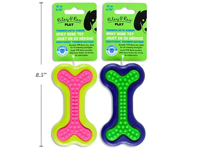 4.75in x 2.5in 2 - Tone TPR Spiky Bone. 2 Asst.Colours. - Brantford Surplus