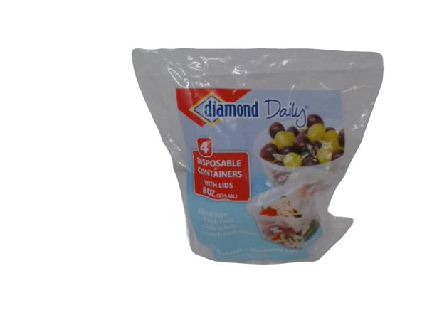 Disposable Containers w/Lids 8oz. 4pk. Clear Plastic Diamond Daily