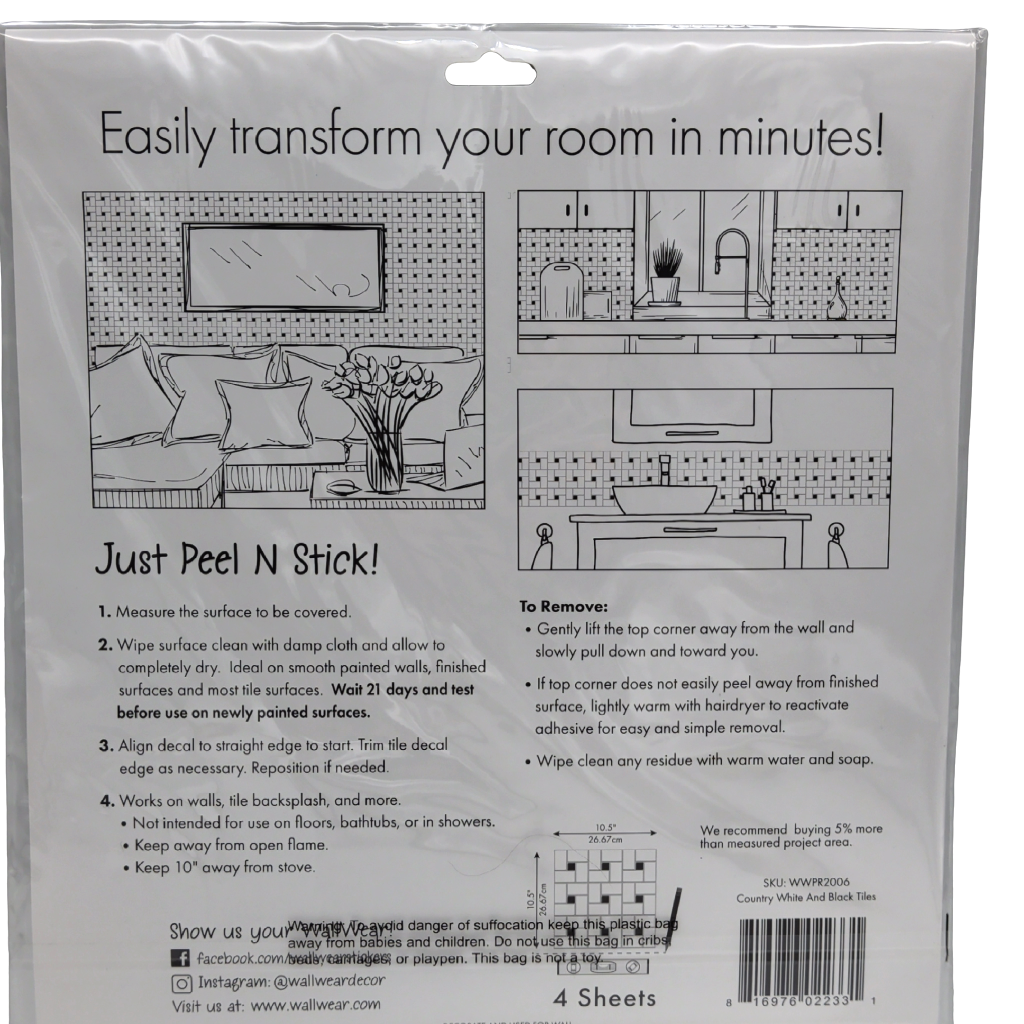 Peel & Stick Decorative Wall Decals Country White & Black 10.5" x 10.5" 4pk. Splash Wear