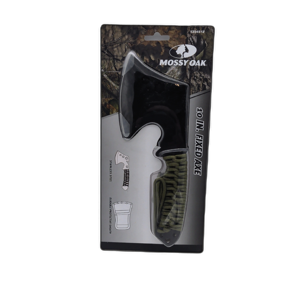 Mossy Oak 10-inch fixed-blade axe with paracord handle and sheath