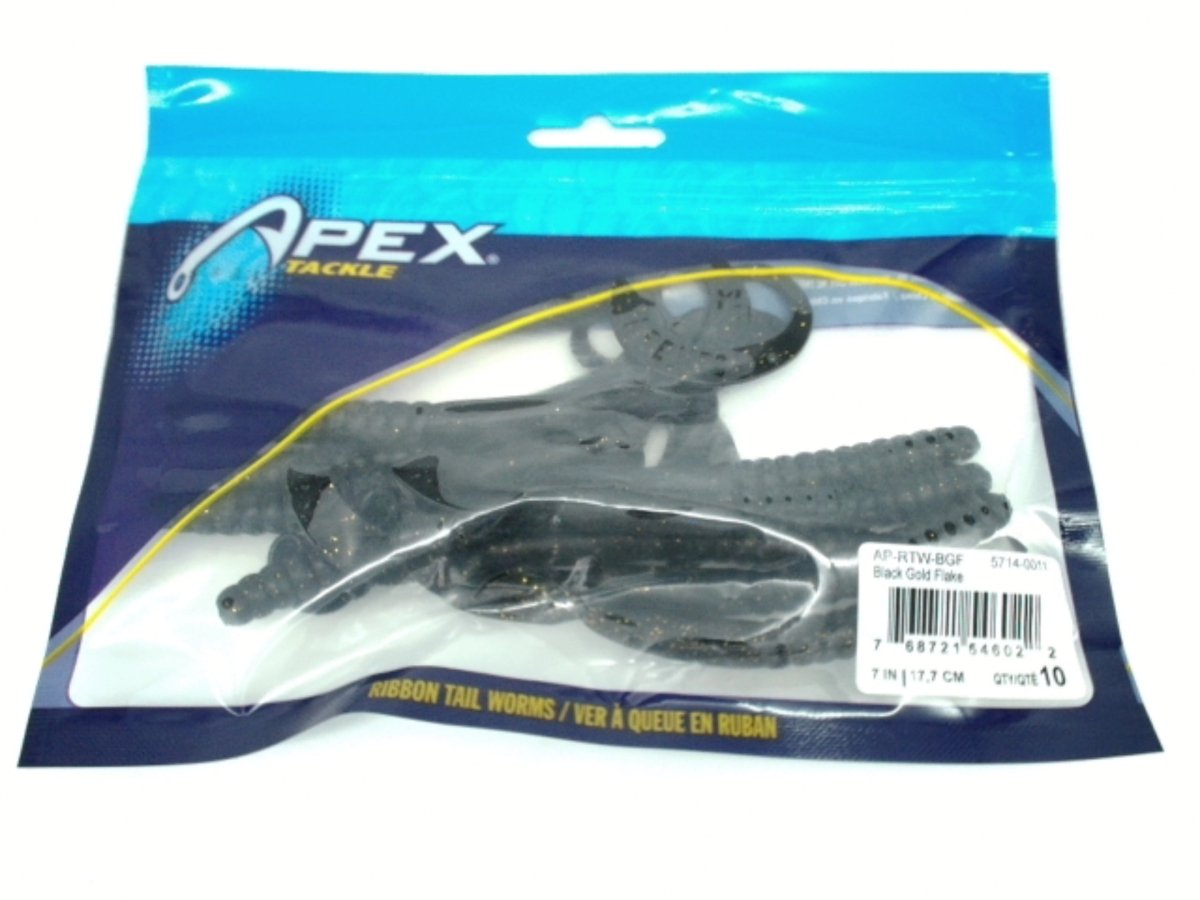 7" Black Gold Flake Ribbon Tail Worms - Apex Tackle 10pk - Brantford Surplus