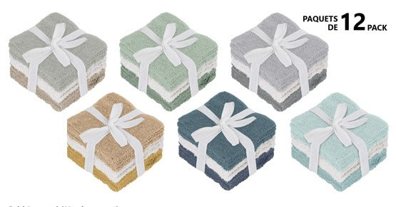 SOLID COLOUR WASHCLOTHS 12 PACK 80% COTTON/20% POLYESTER SIZE: 12" X 12"/ 30 X 30 CM