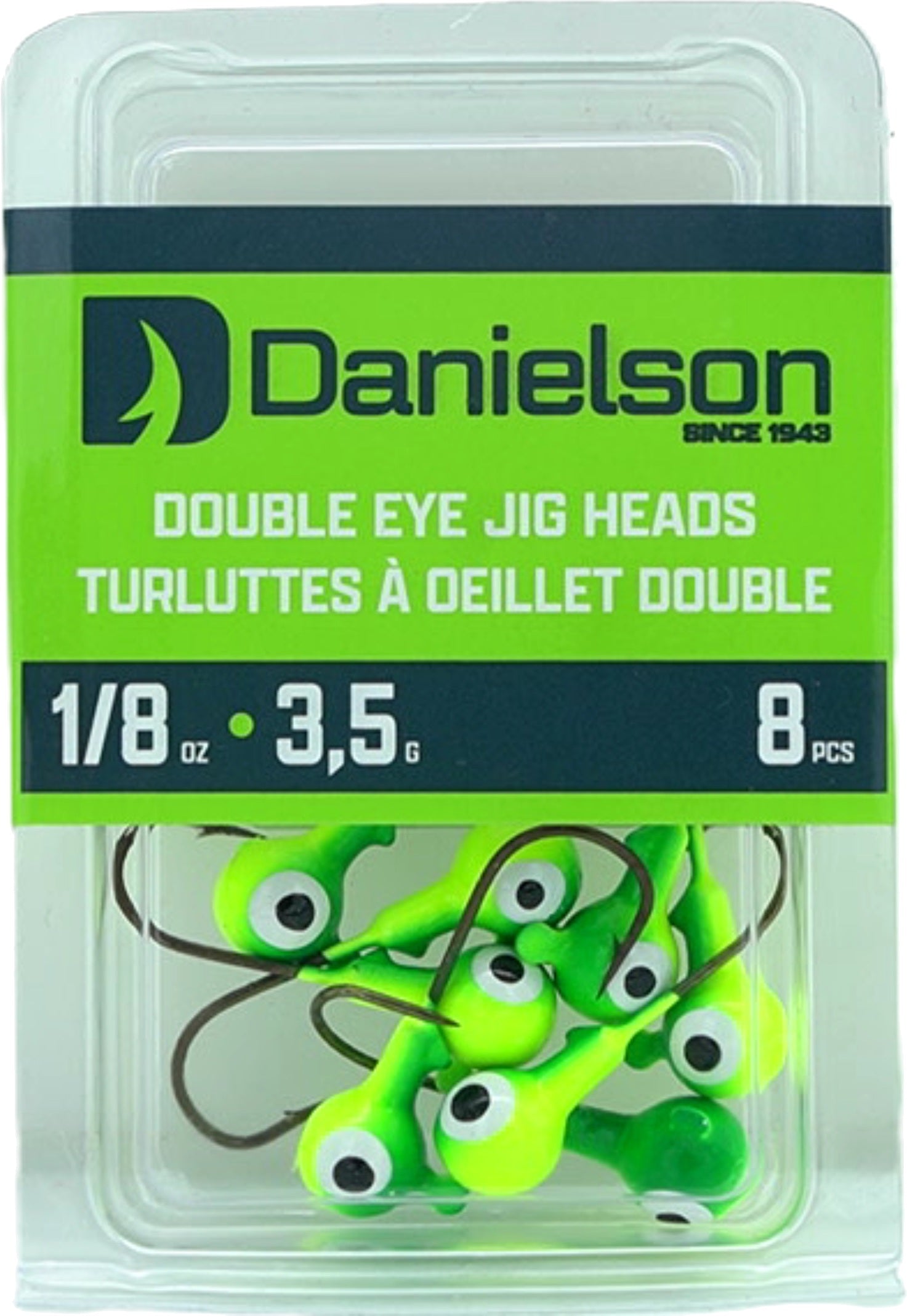 Danielson Double Eye Jig Heads 1/8oz Chartreuse/Lime 8pk
