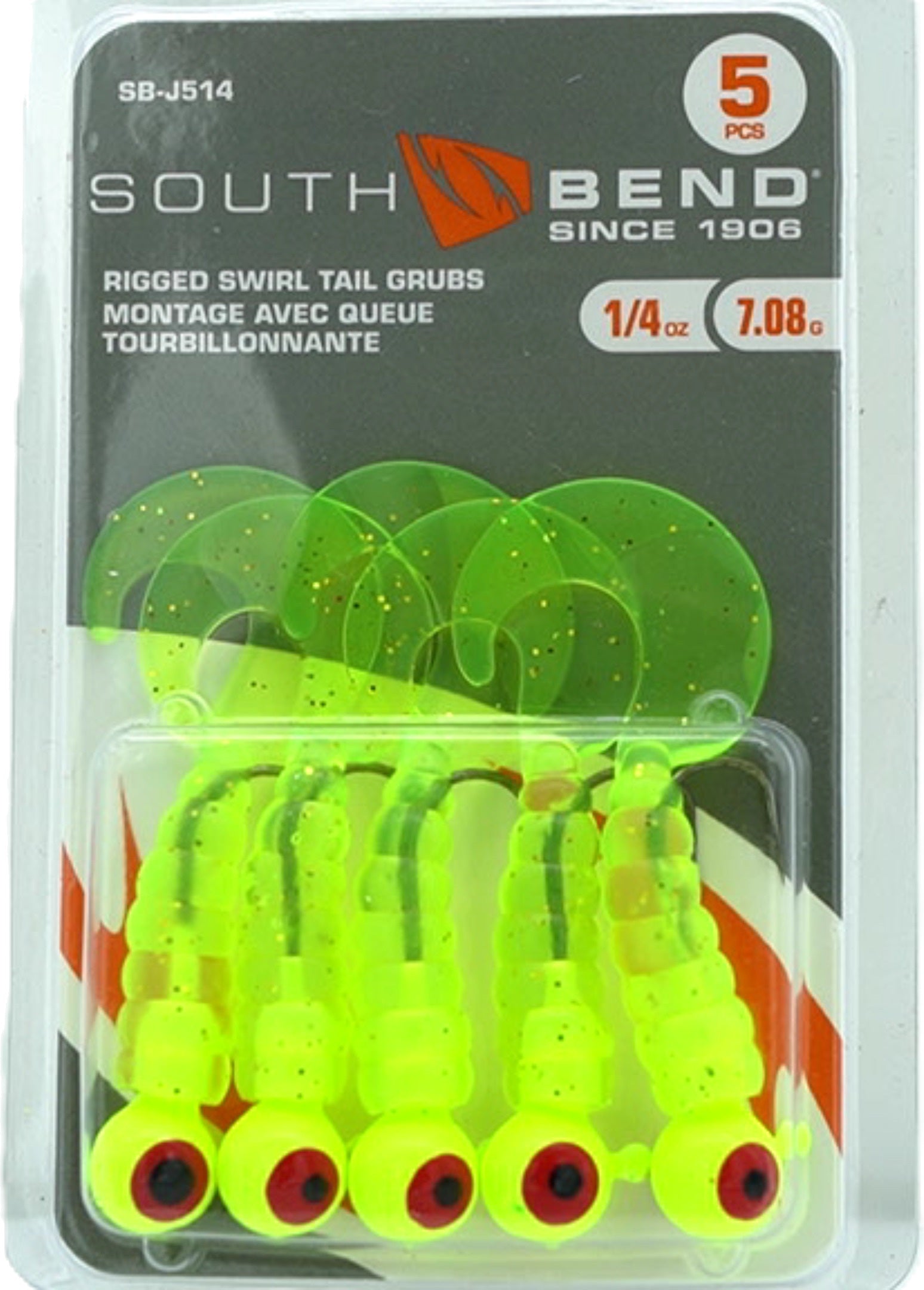 South Bend Chartreuse Glitter Swirl Tail Grubs 1/4oz 5pk