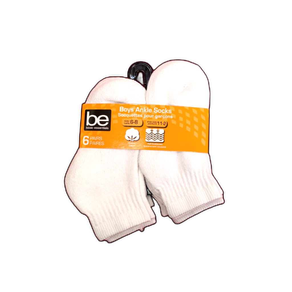 Basic Essentials Boy's White Ankle Socks 6-Pack Size 6-8