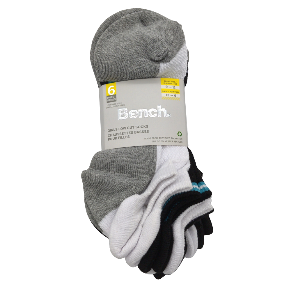 Bench Girls Low Cut Socks 6pk. Black/White/Grey Size 9-11