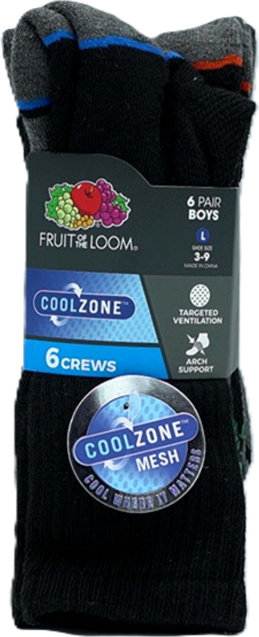 Fruit of the Loom Boys' Black Crew Socks 6-Pack
