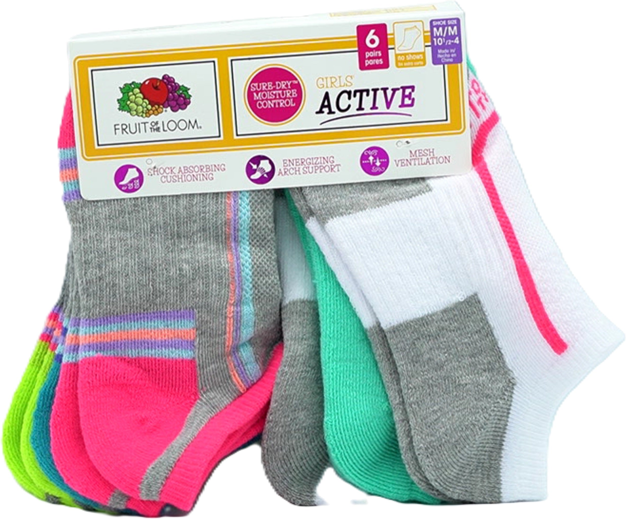 Fruit Of The Loom Girls No Show Socks 6-Pack