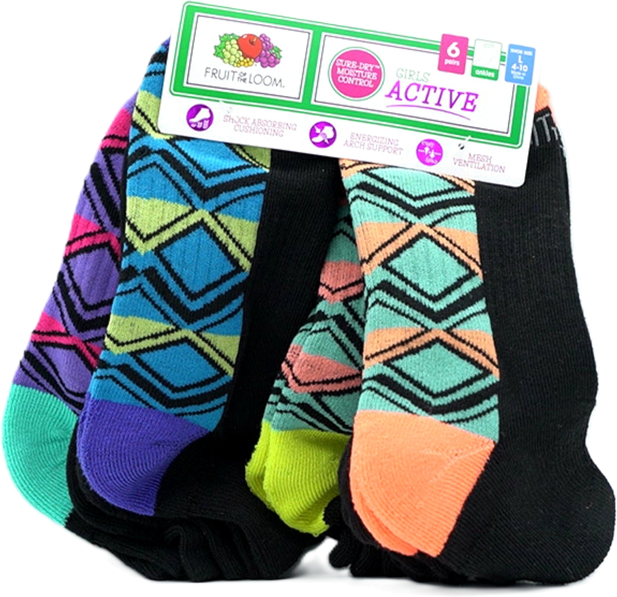 Fruit of the Loom Girls Black Ankle Socks 6-Pack