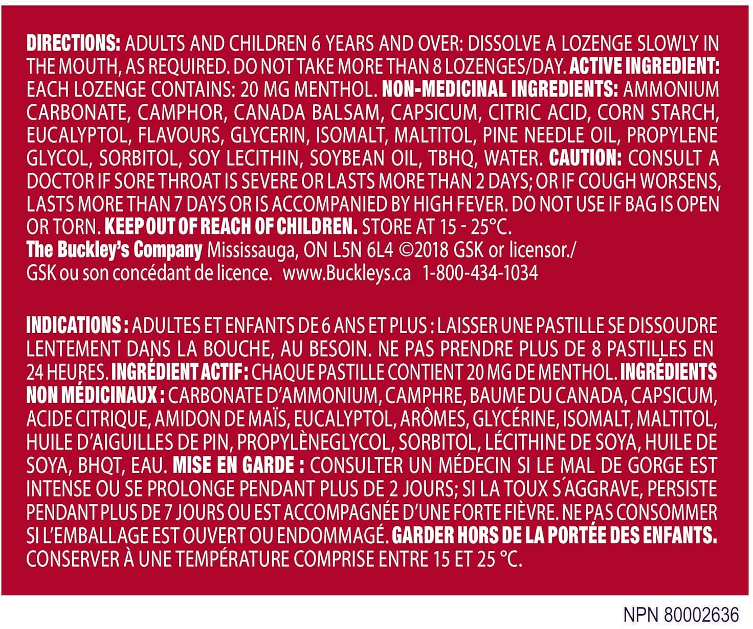 Buckley's Menthol Lozenges 18 Pack - Throat Relief