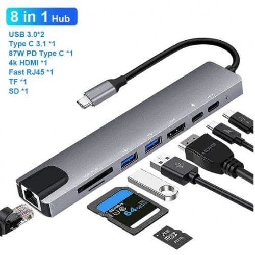 USB 3.1 Type C 8 In 1 Hub With HDMI, Lan, Card Reader, USB and Type C Port - Brantford Surplus