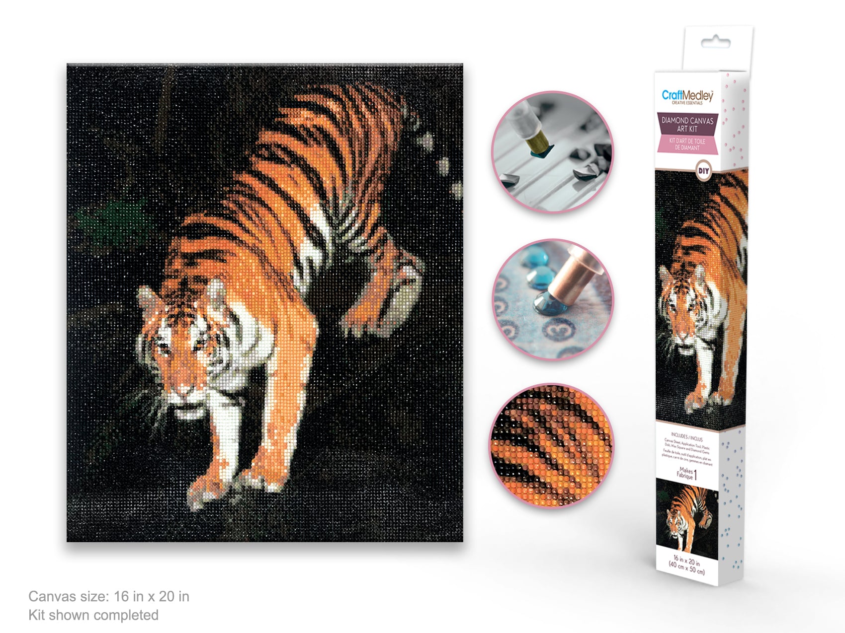 Craft Medley Kit: Diamond Painting Art Kit 15.8"x19.7" w/Gems+Tool+Tray L) Bengal Tiger - Brantford Surplus