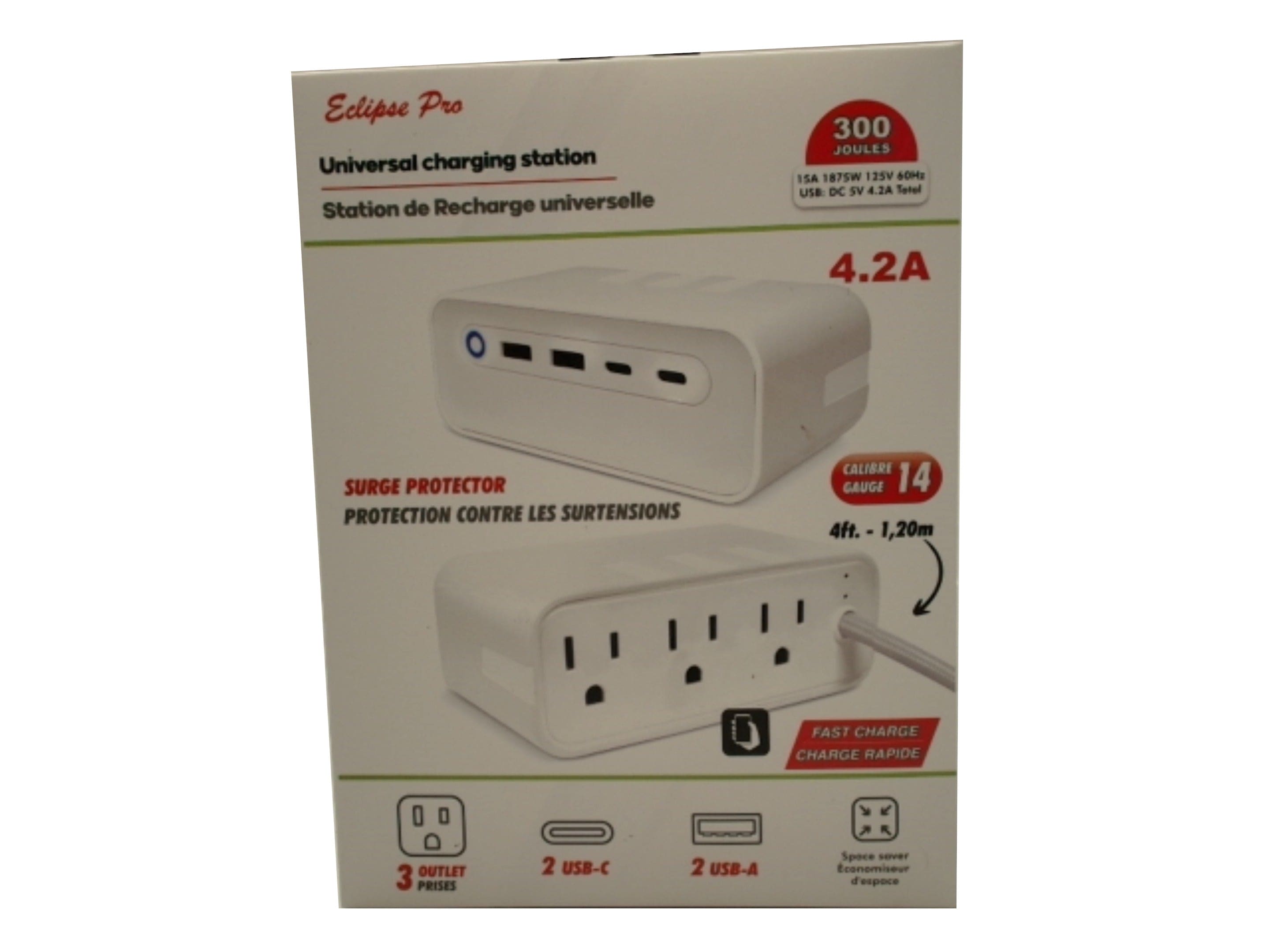 Universal charging station with 4 foot cord - 3 outlets - 2 USB-C - 2 USB-A - Brantford Surplus