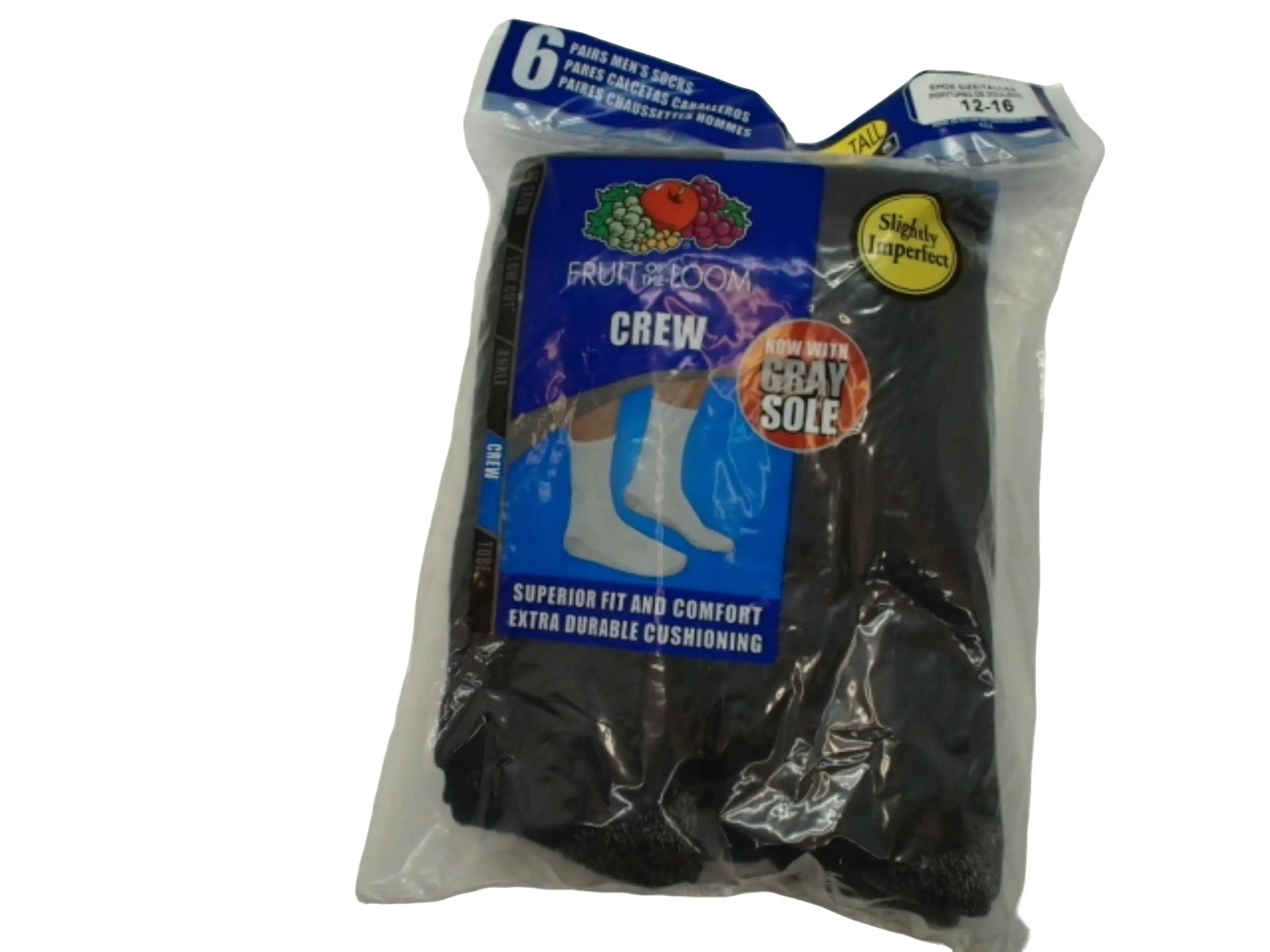 Crew Socks Men's 6pk. Black Size 12-16 Fruit Of The Loom KWDC