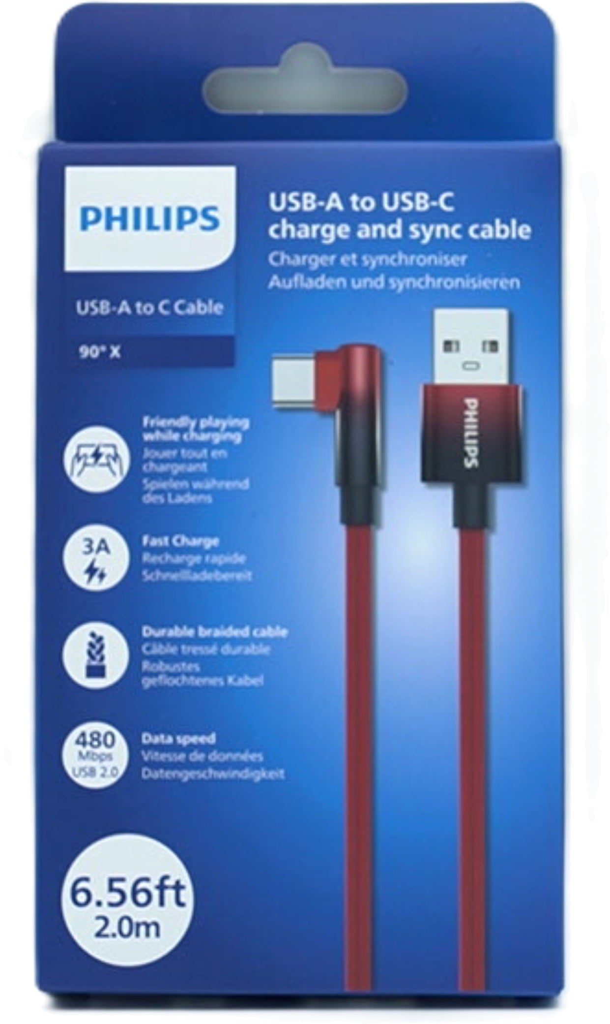 Philips USB A to USB C 6.5Ft 90° Braided Cable Red