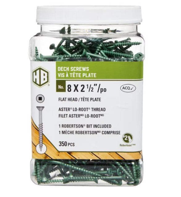 Green Deck Screws 8x2-1/2" Flat Head Robertson Bit 350ct
