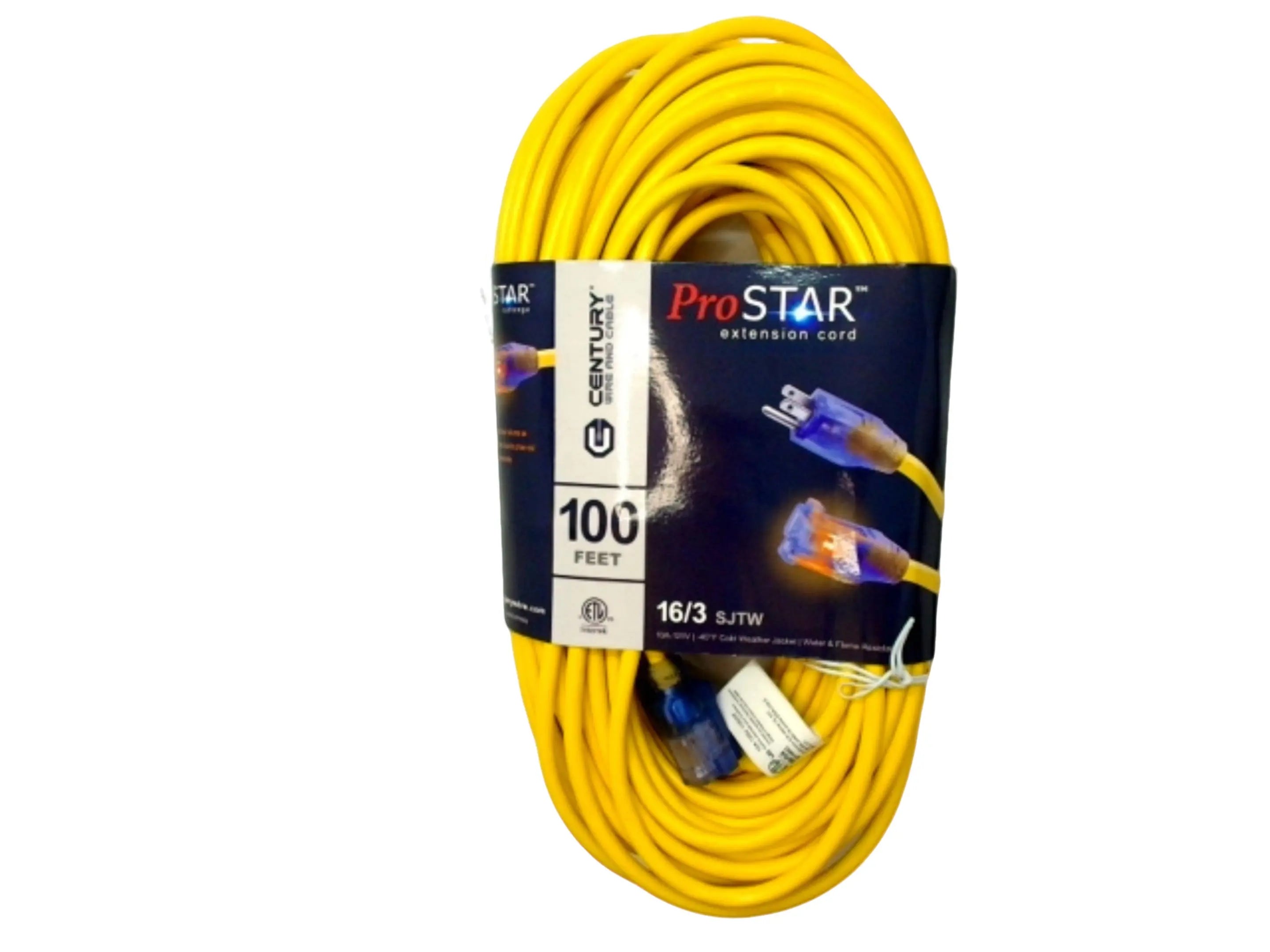 Extension Cord 100' Yellow 16/3 SJTW Lighted Ends Prostar Century KWDC