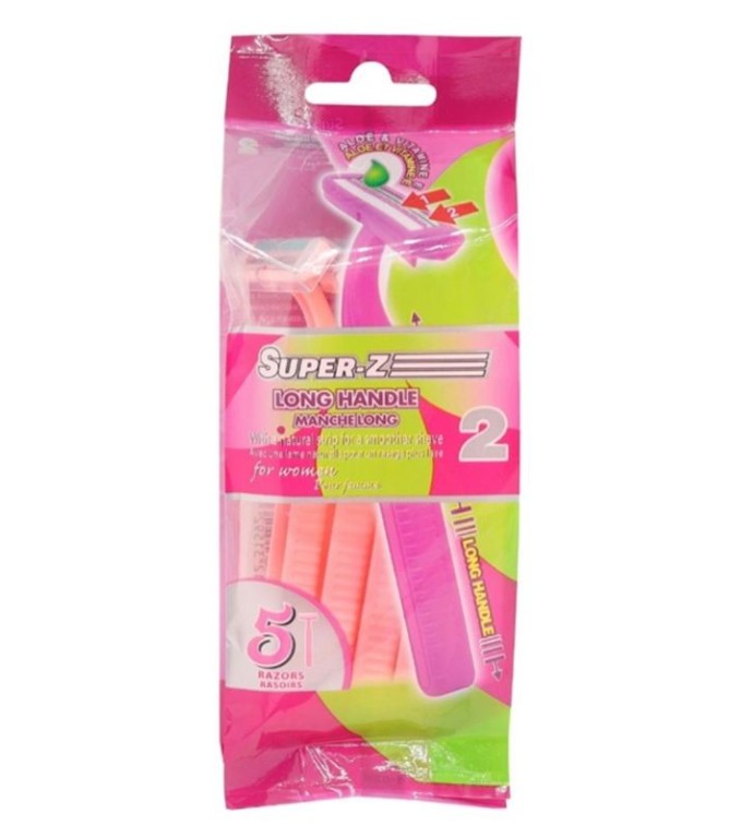 Super-Z Twin Blade Disposable Razors 5pk Pink Long Handle